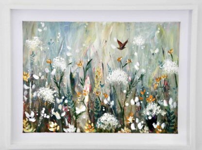 An original floral painting featuring a corncrake bird in flight. This bird is now on the increase again